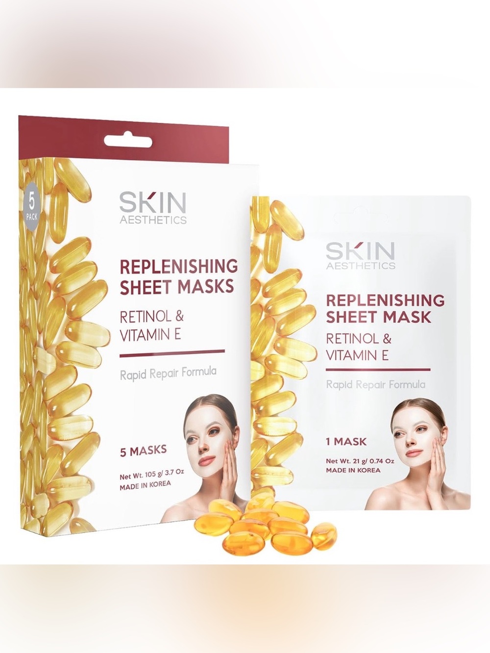 Skin Replenishing Sheet Masks 5 pack – White & Gold Packaging